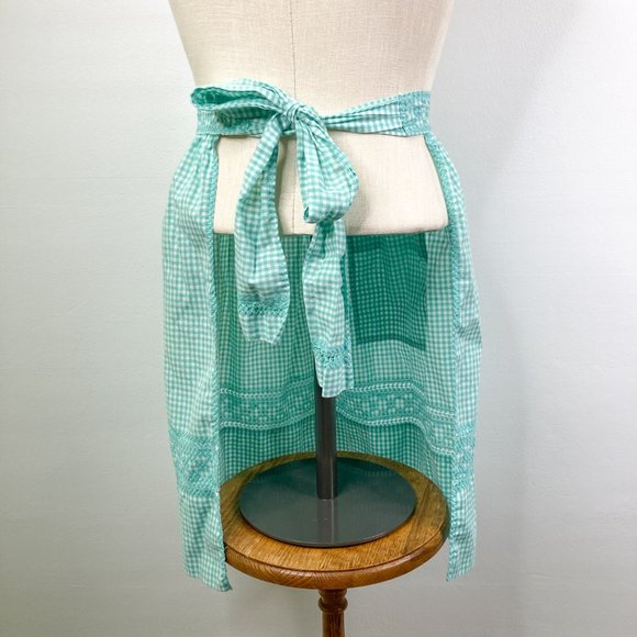 Vintage Handmade Teal Green Gingham Apron Cross Stitch Tie Waist Pocket - Picture 2 of 13
